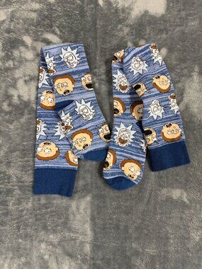Rick & Morty Blue Crew Socks With Character Faces Graphic Design
